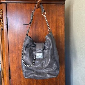 Frye Ella Grey Hobo Bag with Silver Hardware—chain accents relaxed silhouette